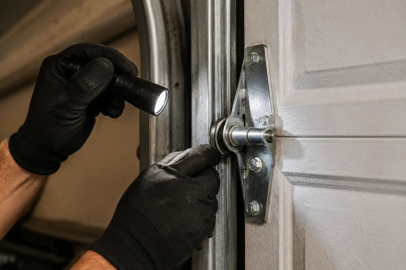Technician inspecting garage door hardware and rollers