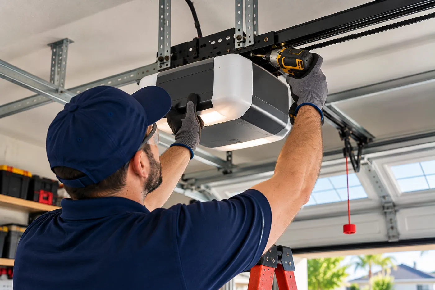 Residential garage door motor being installed