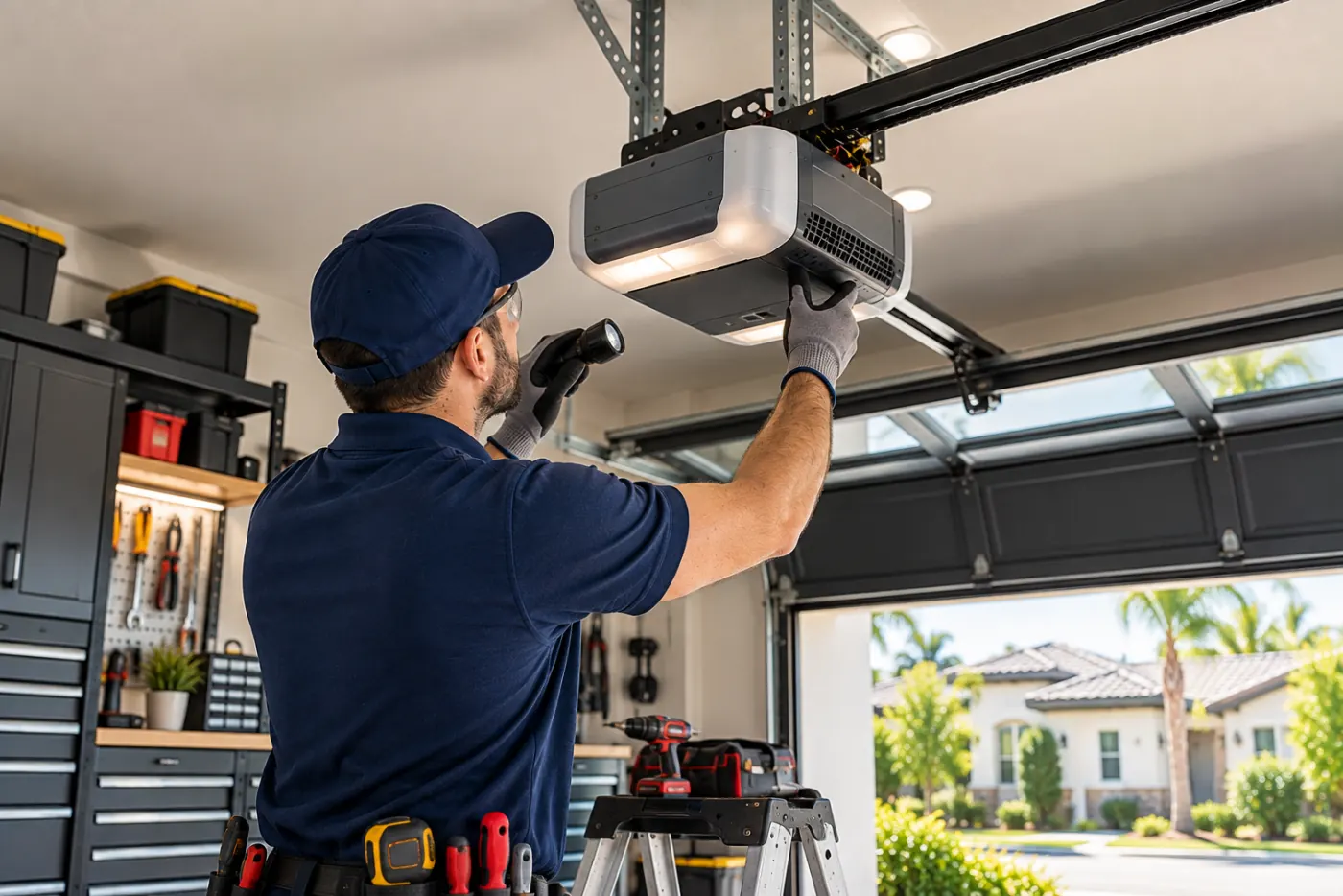 Technician inspecting a residential garage door motor