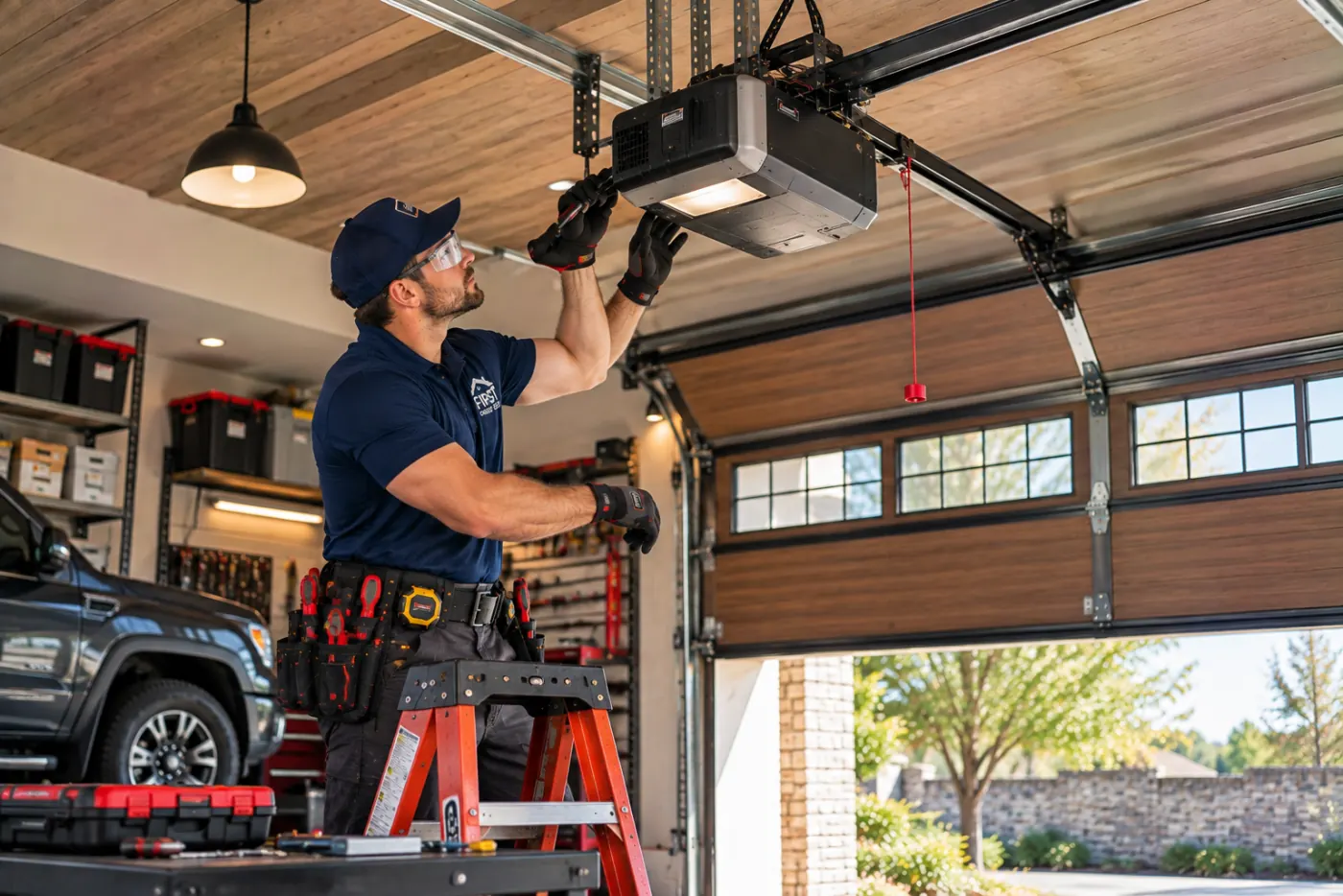 Technician performing garage door motor repair