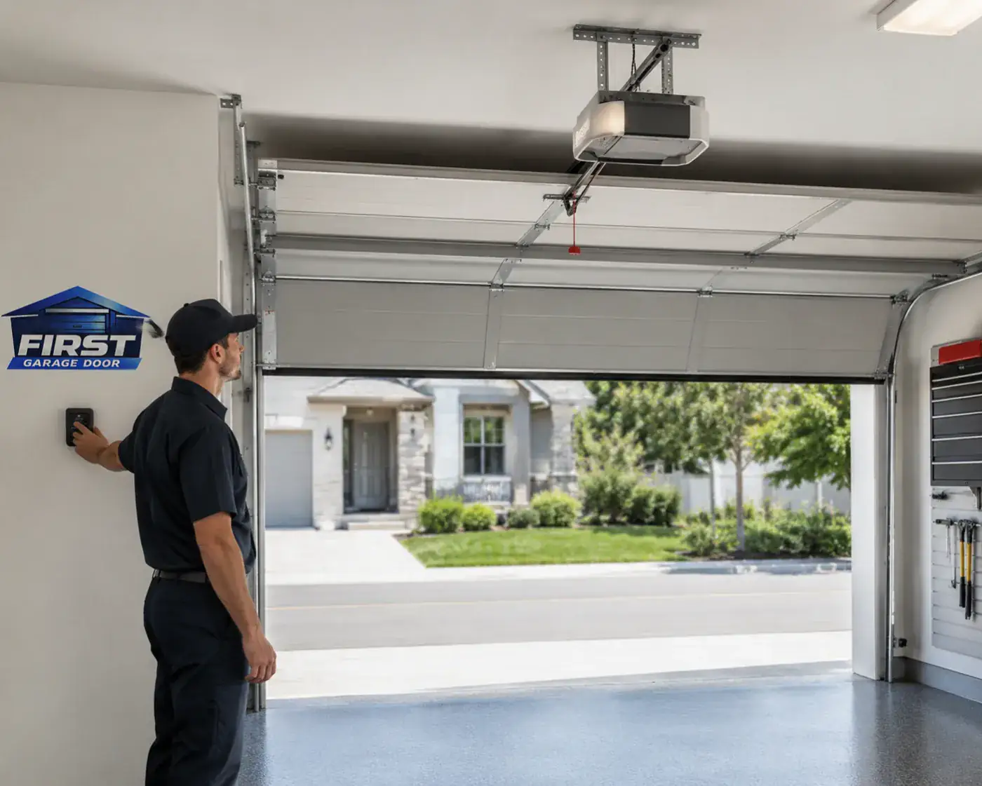 technician testing garage door opener after repair