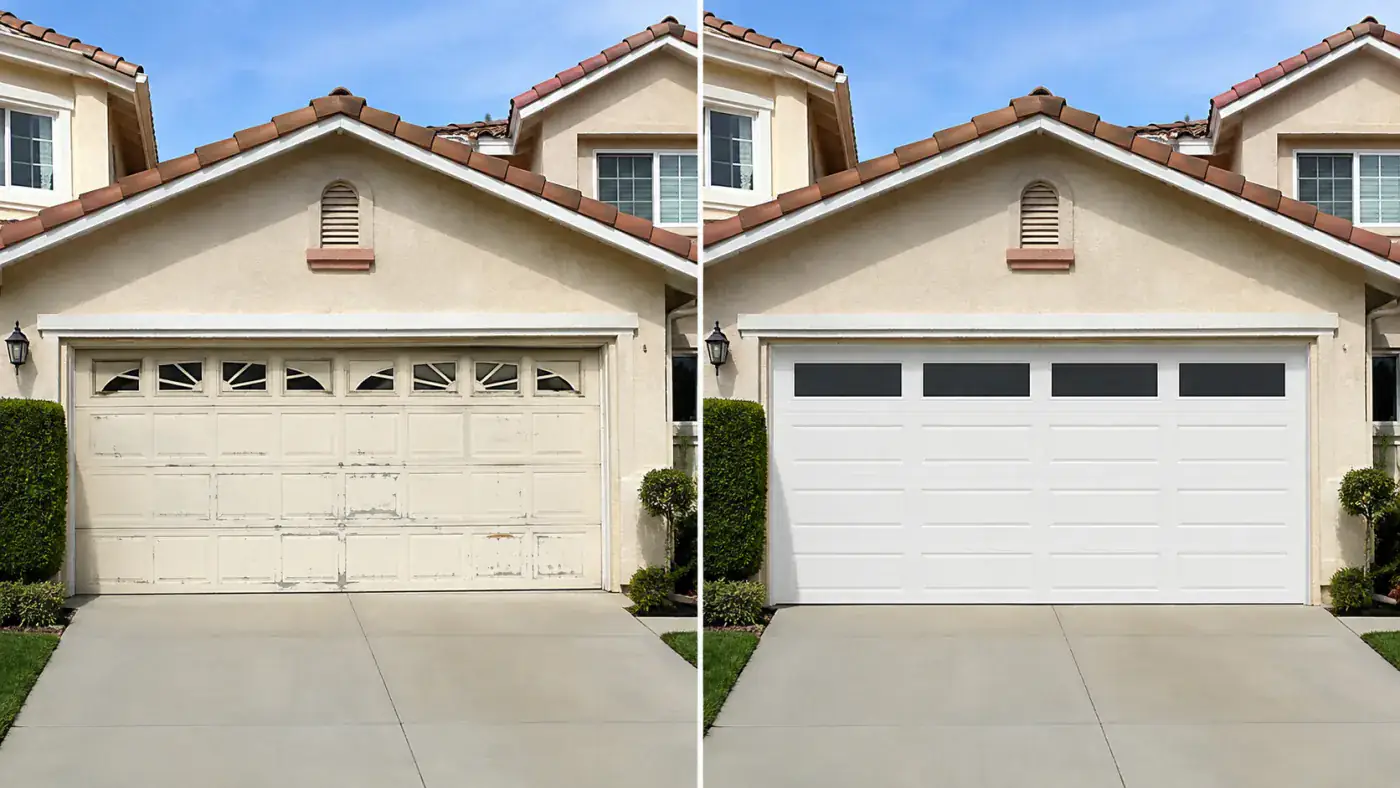 Residential garage door replacement before and after in Orange County