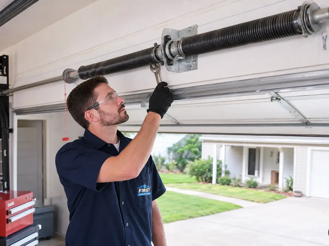 Garage door spring repair technician inspecting residential spring system