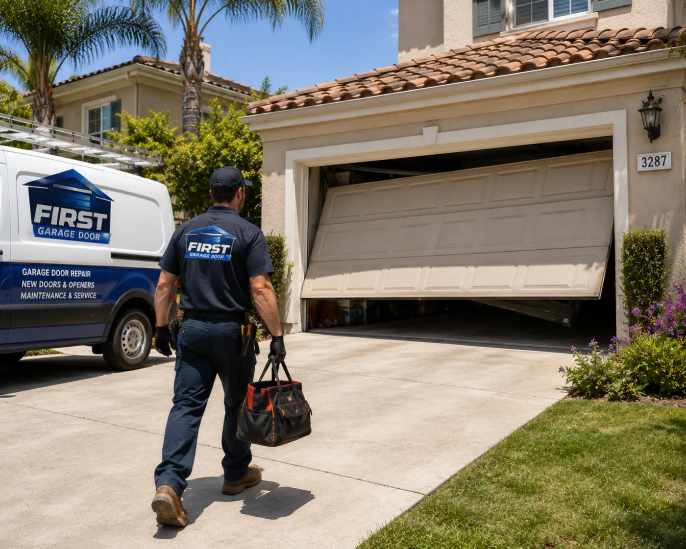 First Garage Door technician arriving for residential garage door service in an Orange County neighborhood
